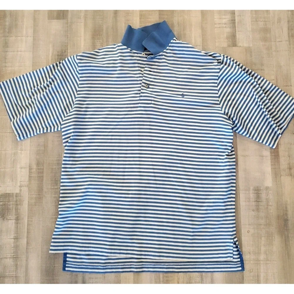 Polo‎ Golf Ralph Lauren Men's Large Golf 100% Cotton Striped Blue Polo